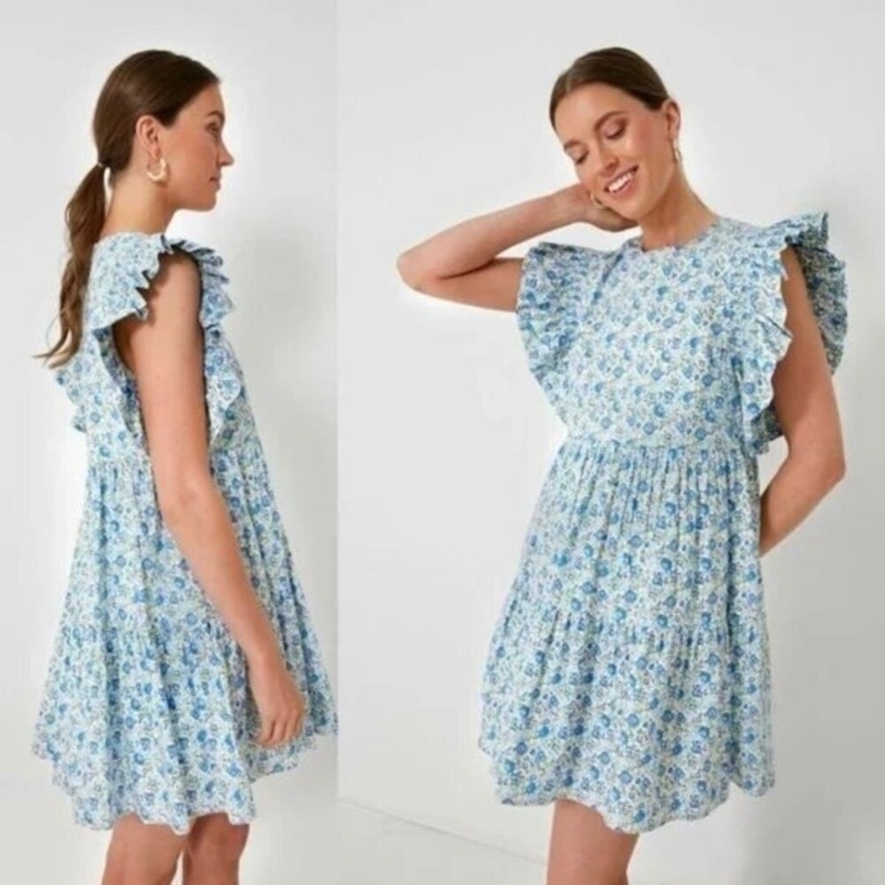 Hyacinth House Lucy‎ Blue Floral Ruffle Sleeve Tiered Mini Dress Size M